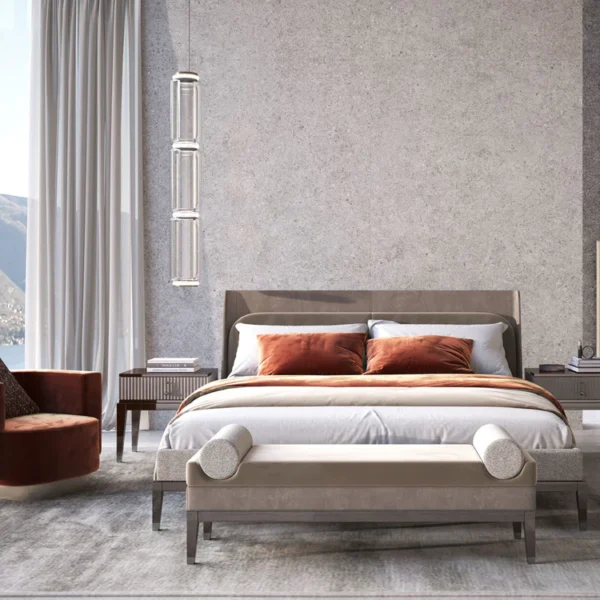 ITALIAN BED UPHOLSTERED IN NUBUCK AND QUINOA BOUCLE FABRIC - Image 2